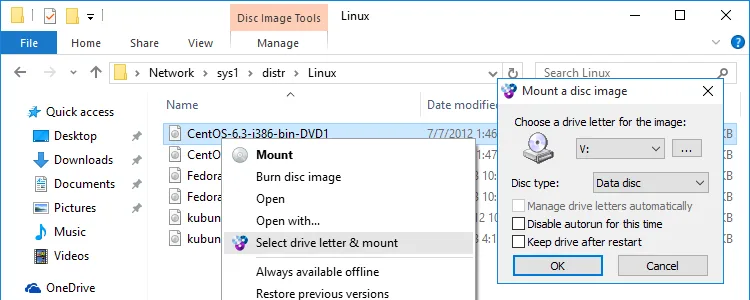 WinCDEmu Mount a disc image dialog beside Windows Explorer's Select drive letter & mount context-menu command