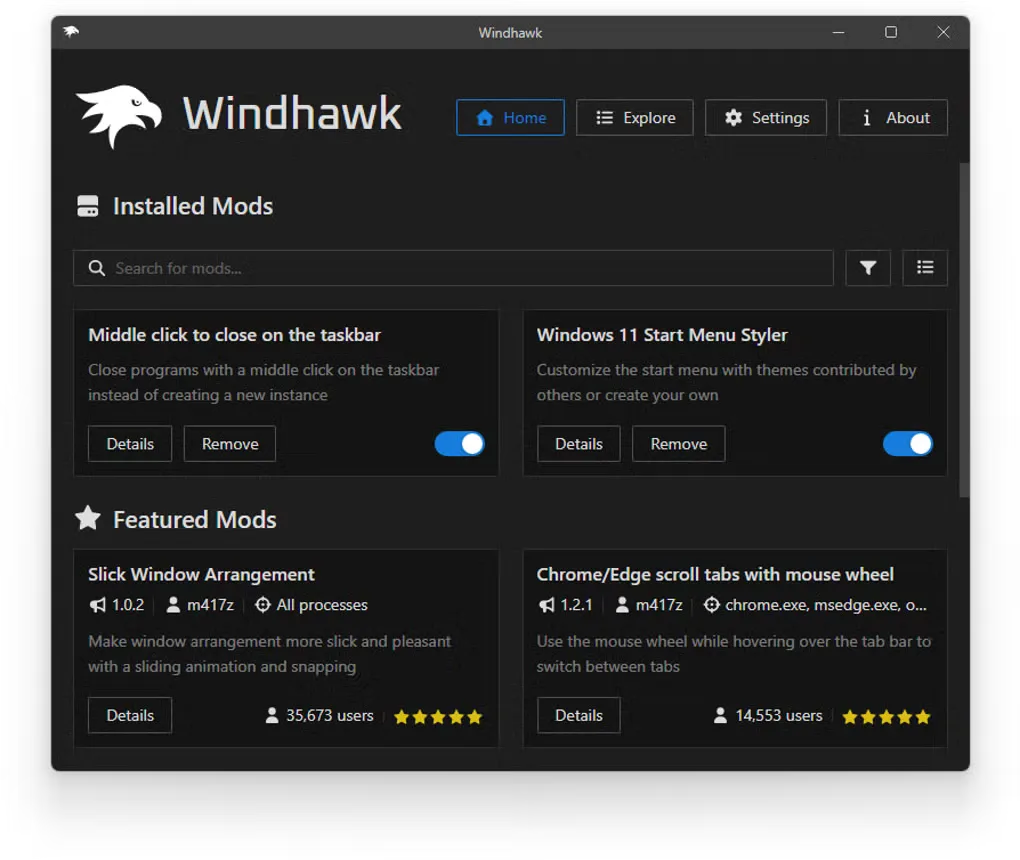 Windhawk Home interface showing installed taskbar and Windows 11 Start Menu Styler mods, enable switches and featured mods