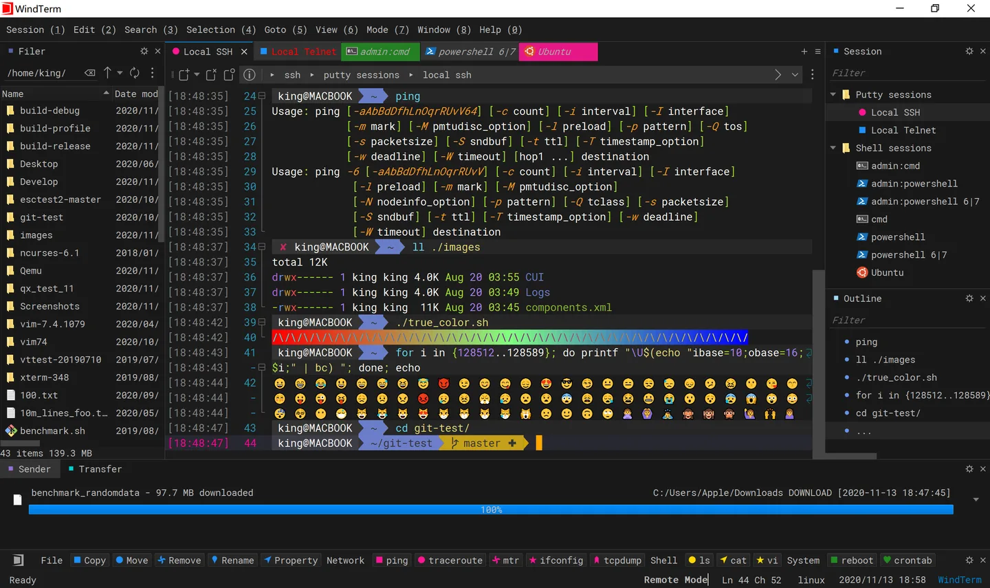 WindTerm on Windows with SSH and shell tabs, a file browser, session tree and transfer pane.