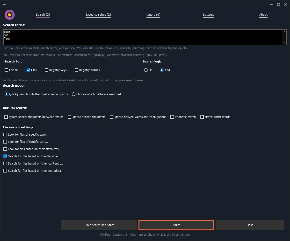 Publisher screenshot of WinFindr 1.8 in dark mode with multiple search terms, AND logic and file search settings