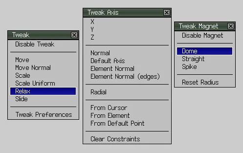 Wings 3D documentation screenshot of Tweak, Tweak Axis and Tweak Magnet panels with Relax and Dome selected.