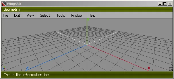 Historical Wings 3D Windows interface showing the Geometry grid, XYZ axes, menus and bottom Information Line.