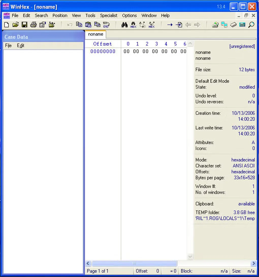 Historical WinHex 13.4 interface showing hexadecimal bytes, a Case Data pane and file properties