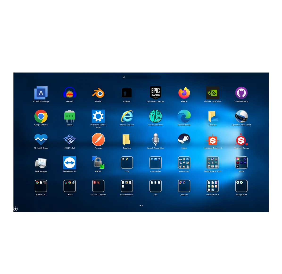 WinLaunch Windows launcher showing a search field, rows of app shortcuts, grouped folders and page indicators.