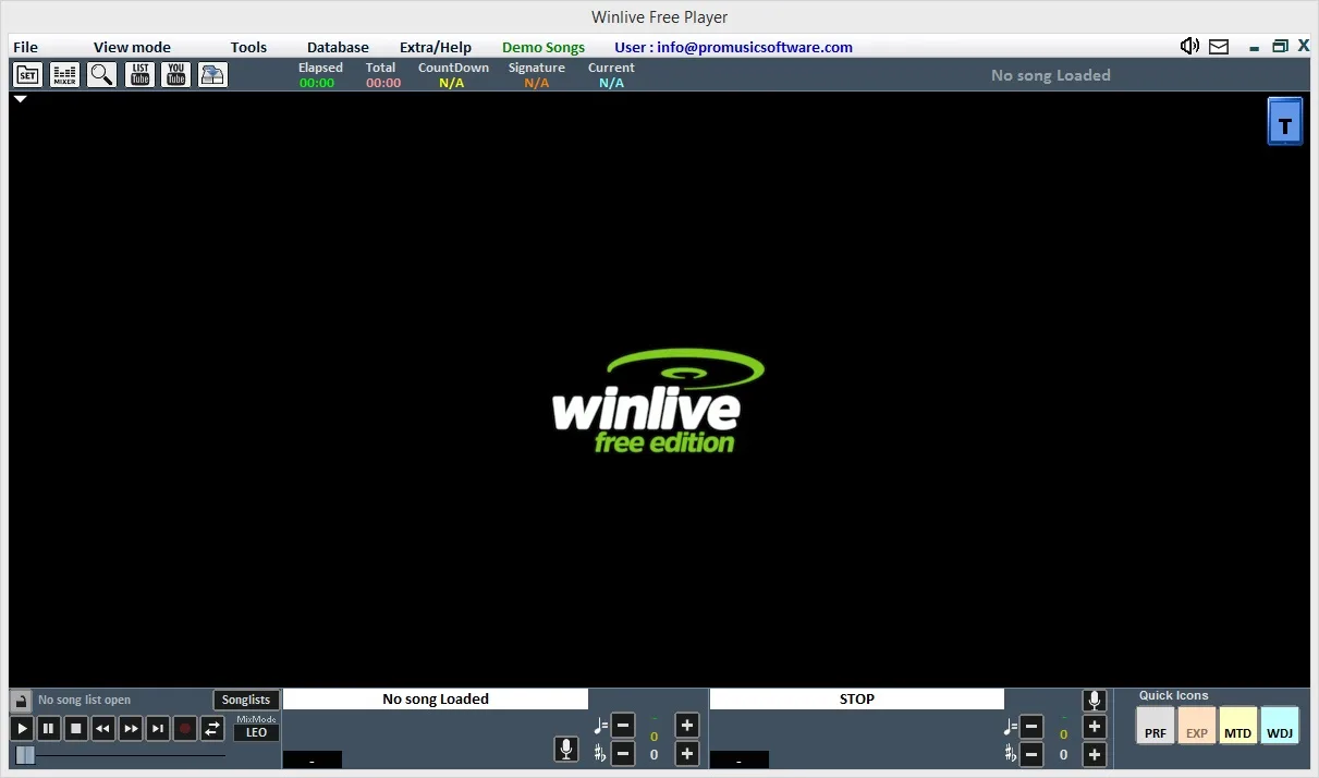 Winlive Free Player main window with playback controls, song-list button and key adjustment controls; no song loaded