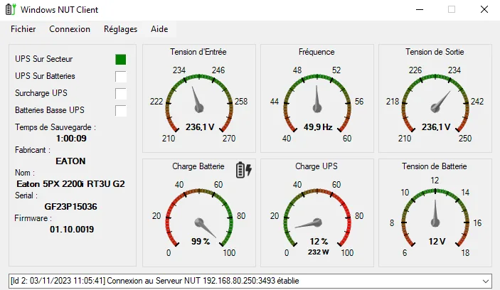 Historical WinNUT Windows dashboard in French with UPS status, voltage, frequency, battery charge and load gauges