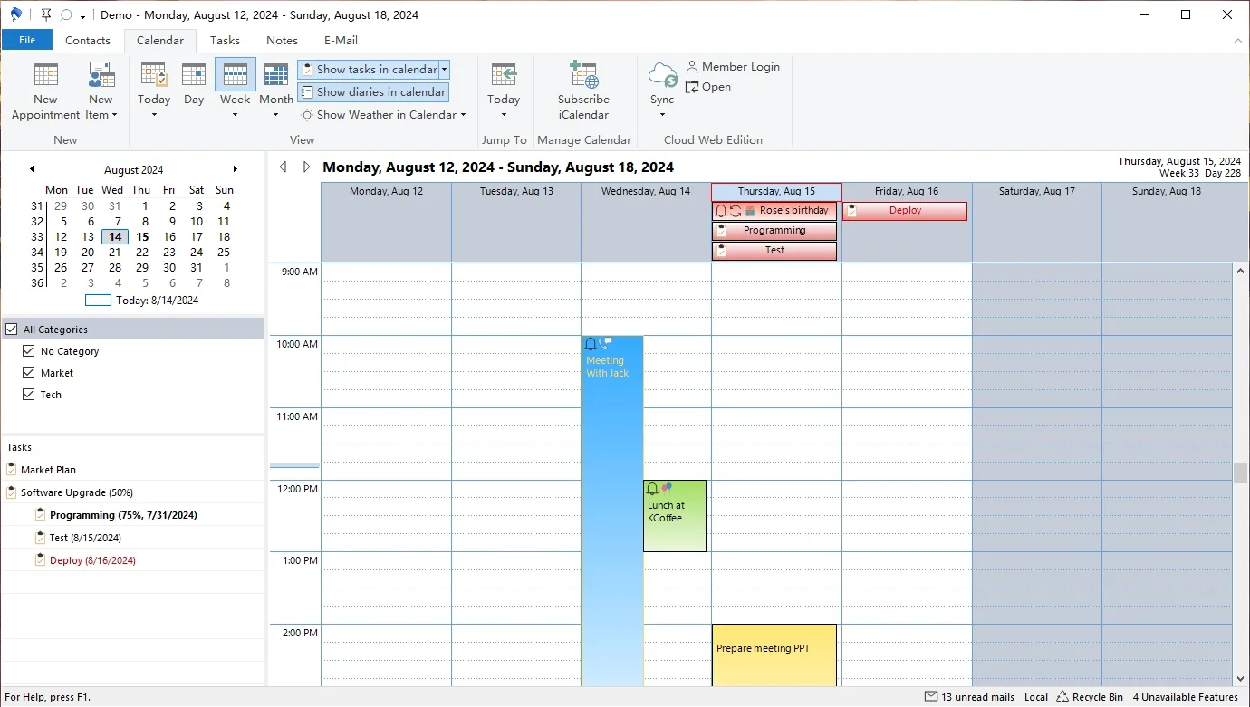 WinPIM demo weekly calendar with appointment blocks, a mini calendar, category filters and a task sidebar