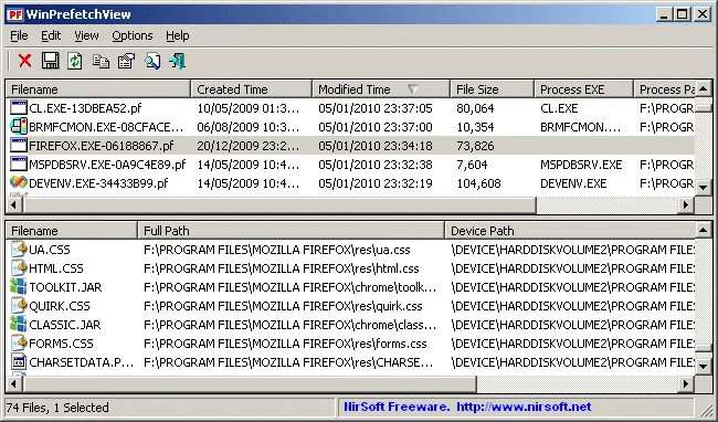 WinPrefetchView showing Prefetch entries above the files referenced by a selected Firefox entry.