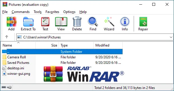 WinRAR evaluation window showing the Pictures folder, archive toolbar and file list.