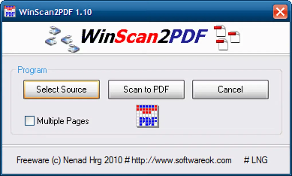 Historical WinScan2PDF 1.10 window with Select Source, Scan to PDF, Cancel and Multiple Pages controls