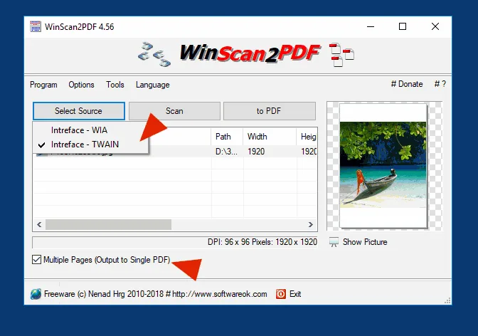 Historical WinScan2PDF 4.56 interface showing TWAIN/WIA selection, page preview and the Multiple Pages option