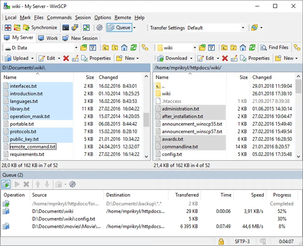 WinSCP Commander interface with local and remote file panes and a transfer queue below.