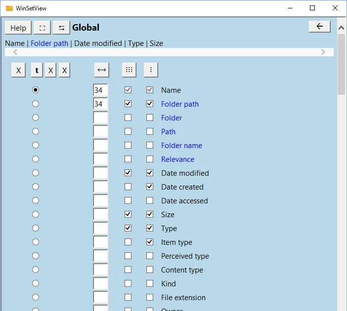 WinSetView Global Columns screen with selectable headings, column widths and sorting controls.
