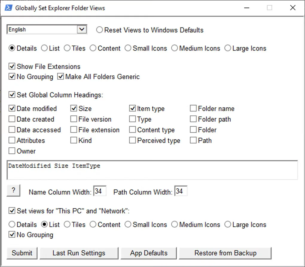 Older WinSetView interface showing default view choices, global column headings and backup controls.