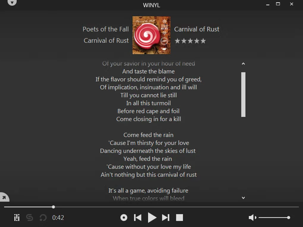 Winyl's dark lyrics view with album artwork, track rating and playback controls