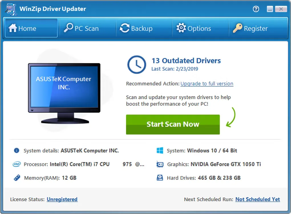 WinZip Driver Updater home screen showing scan status, Start Scan Now, backup controls, and unregistered license status