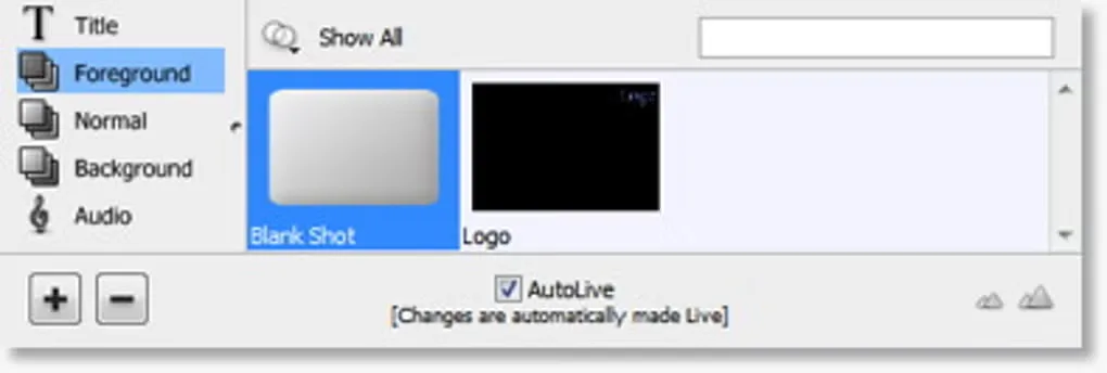 Historical Wirecast layer and shot controls with Foreground selected and an AutoLive checkbox.