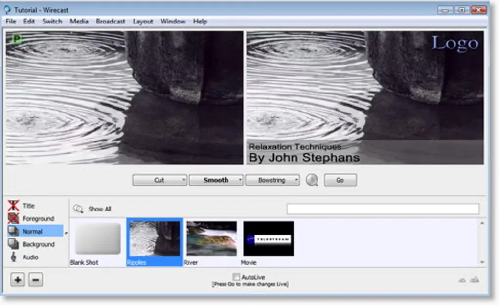 Historical Wirecast Windows workspace showing preview and live panes, transitions and layered shot thumbnails.