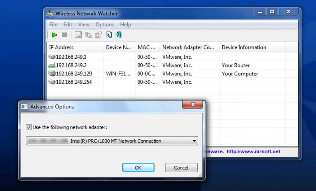 Wireless Network Watcher device list with IP addresses and an Advanced Options dialog for selecting a network adapter