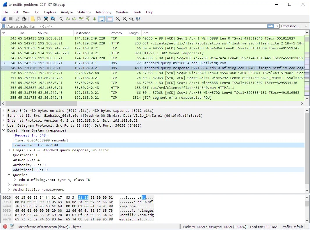 Wireshark on Windows showing a color-coded packet list, expanded DNS response details and packet bytes; publisher guide illustration.