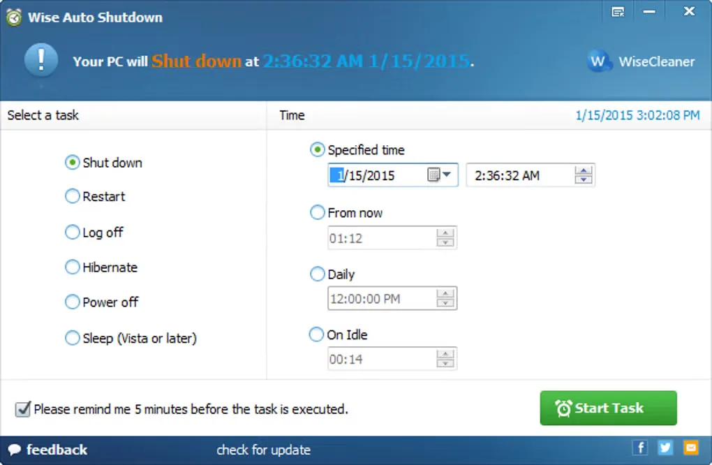 Older Wise Auto Shutdown interface showing task choices, scheduled time, daily and idle options, and a five-minute reminder.