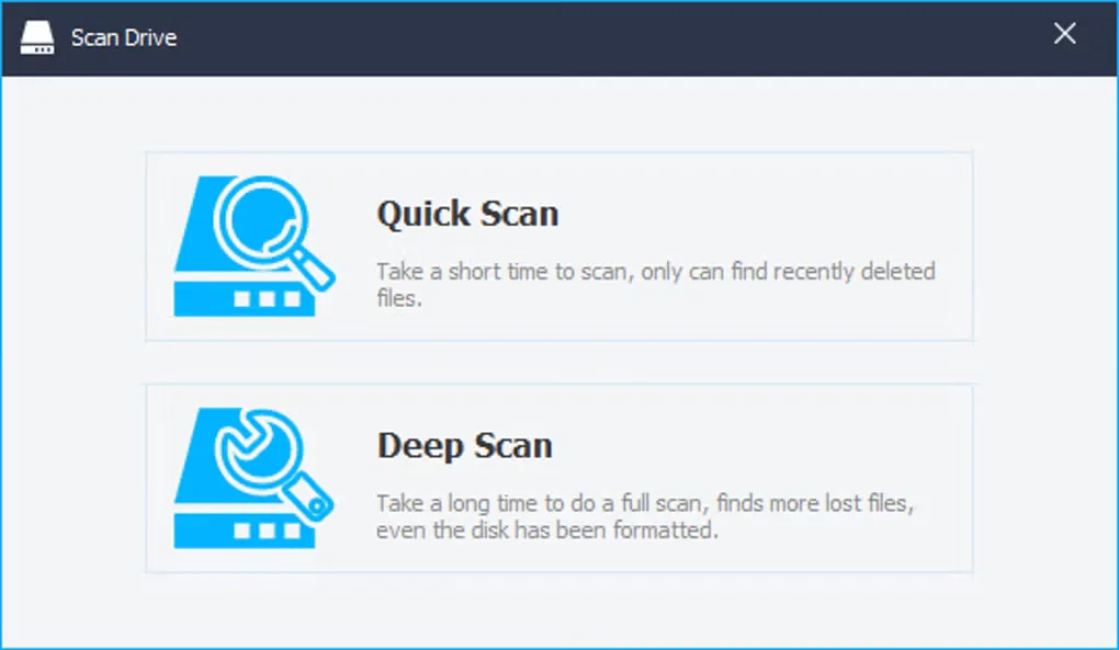 Wise Data Recovery Scan Drive dialog with Quick Scan and Deep Scan choices, from the Softonic Windows gallery