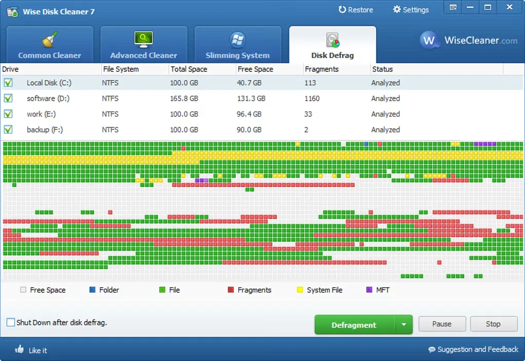 Older Wise Disk Cleaner 7 screenshot from Softonic showing Disk Defrag, an analyzed drive list and a colored disk-block map; not the current interface.