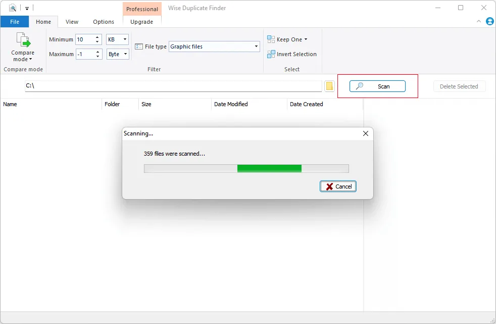 Wise Duplicate Finder Professional version 2 interface with file filters and a scan progress dialog