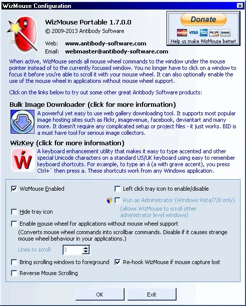 Older WizMouse Portable 1.7.0.0 configuration window with mouse-wheel support, reverse scrolling and re-hooking controls