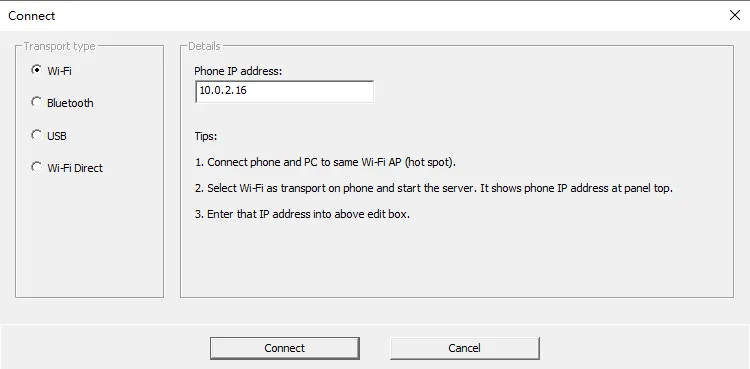WO Mic Windows Connect dialog with Wi-Fi selected, a phone IP address field and USB, Bluetooth and Wi-Fi Direct options