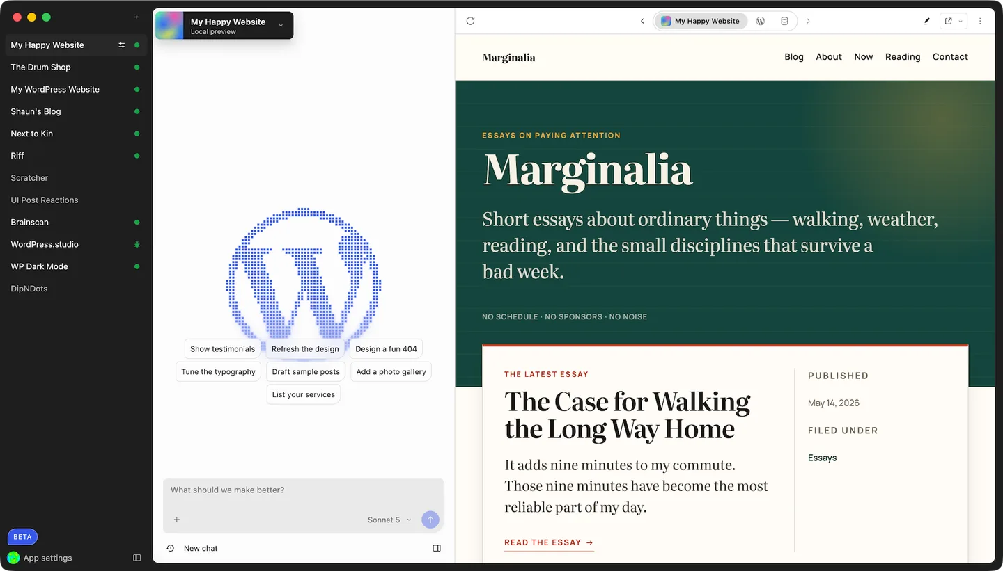 WordPress Studio on Mac with local sites in a sidebar, a Studio Code pane and a website preview