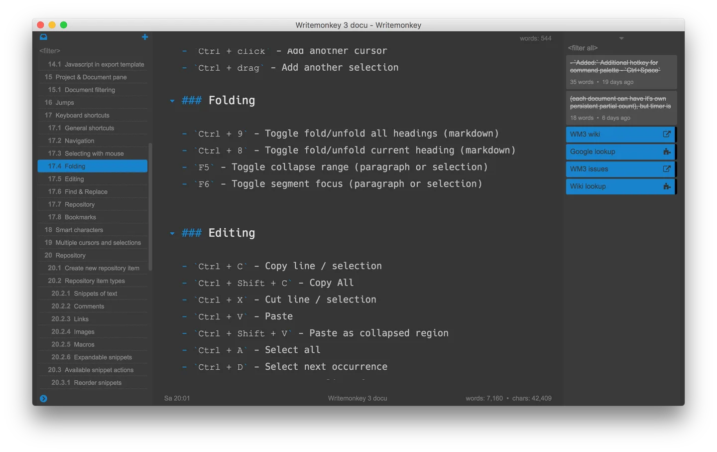 Publisher screenshot of WriteMonkey 3 on macOS, showing Markdown documentation, document navigation and repository panels