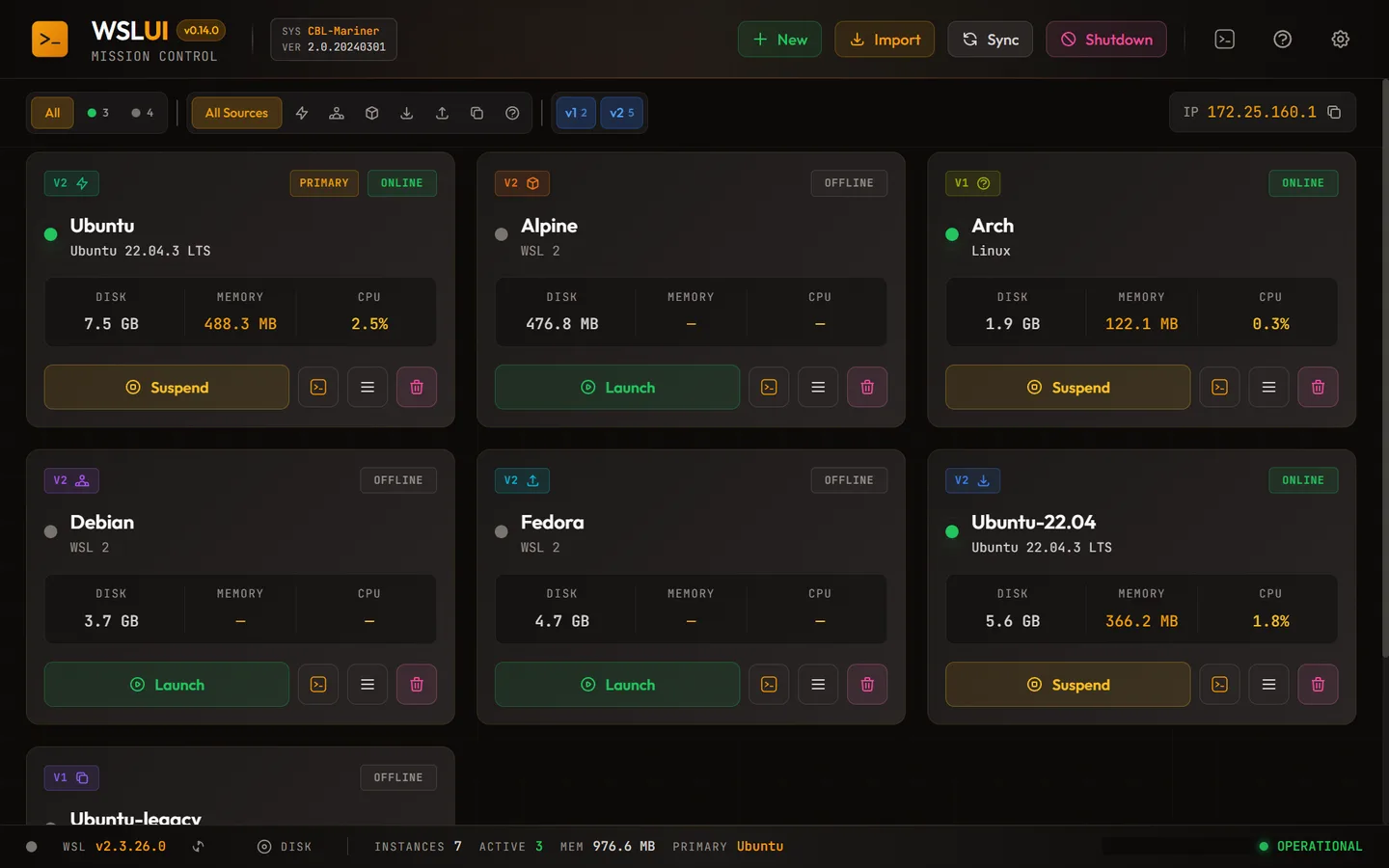 Publisher screenshot of WSL UI v0.14.0 showing Linux distribution cards, running status, resource usage and launch controls