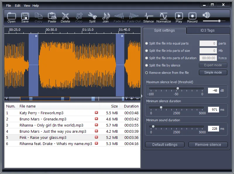 X-Wave MP3 Cutter Joiner showing an audio waveform, file list and split-by-silence settings on Windows