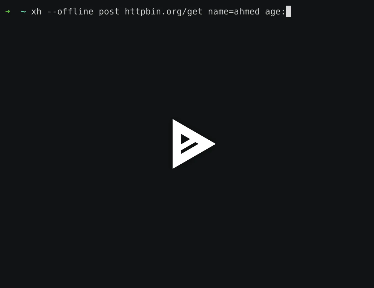 Publisher-linked xh WSL2 terminal recording preview showing an offline POST command with a play overlay; not a native Windows capture.