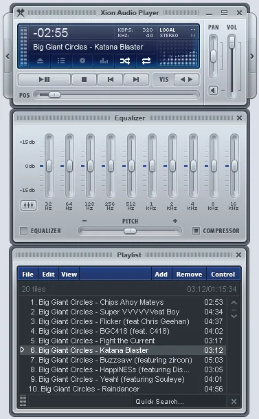 Xion Audio Player with playback controls above its 10-band equalizer and track playlist.