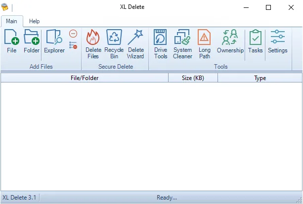 XL Delete Windows main window with an empty file and folder list, deletion controls, drive tools and task scheduler.