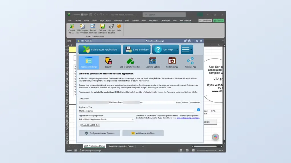 XLS Padlock Application Settings window over Microsoft Excel, showing EXE output, packaging and build controls.