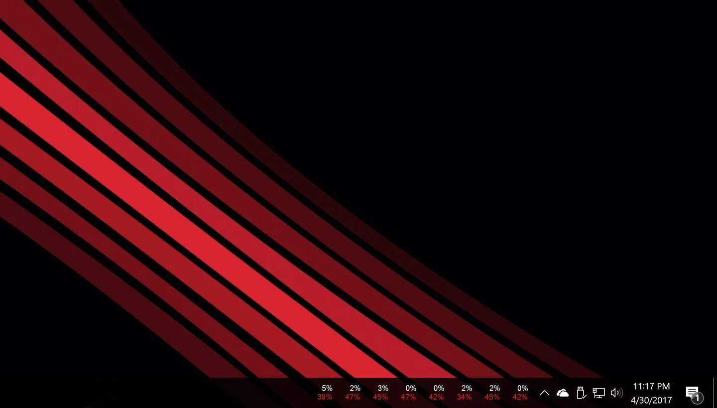XMeters taskbar meters displaying individual CPU readings as text percentages in white and red.