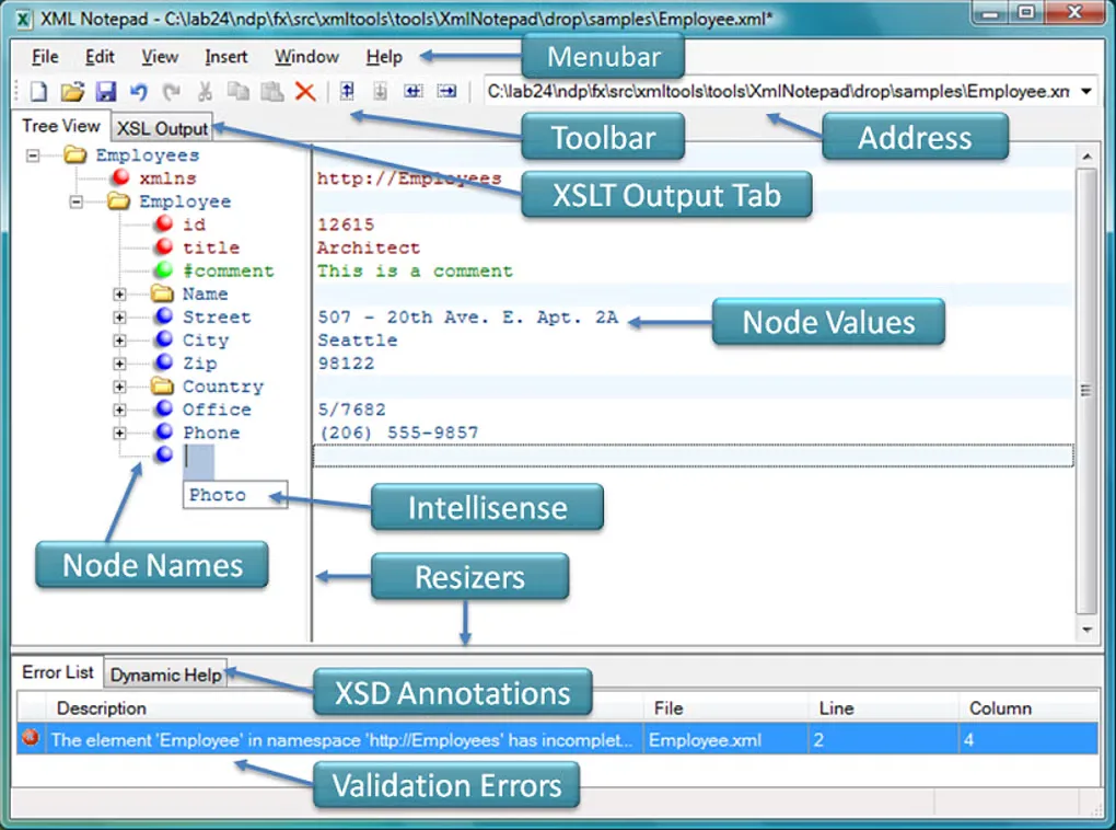 XML Notepad editor with annotated XML tree, node values, IntelliSense and validation error list.