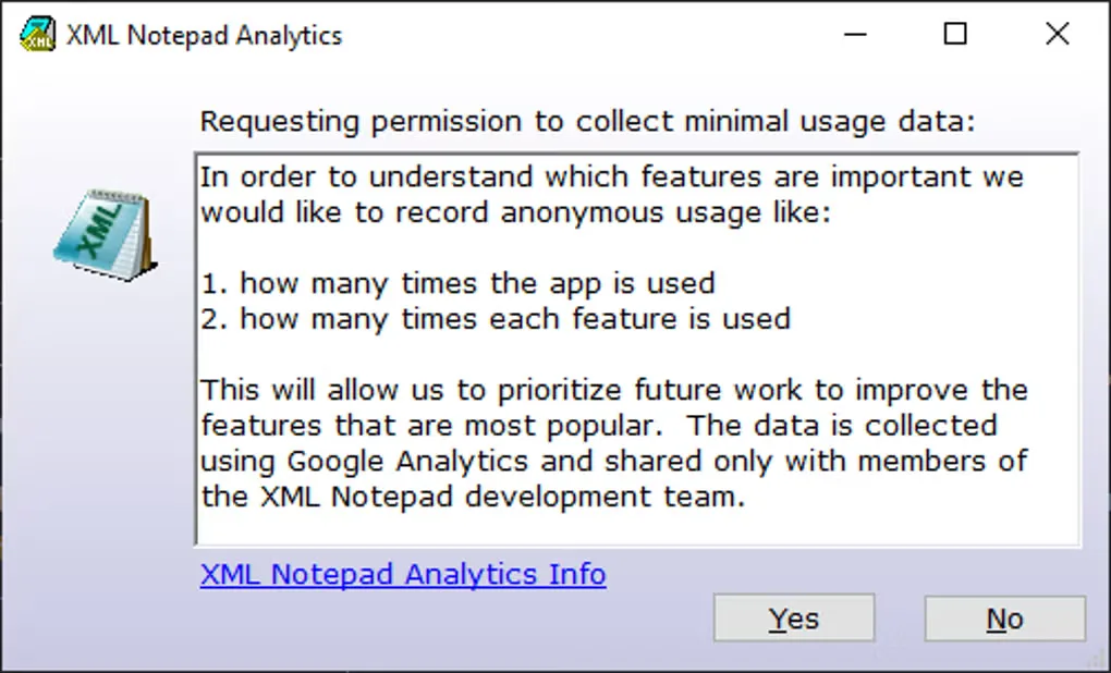 XML Notepad Analytics dialog asking permission to collect anonymous usage data, with Yes and No buttons.