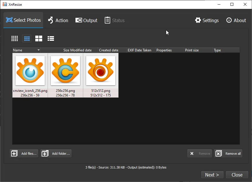 XnResize for Windows showing three image files in Select Photos, with Action, Output and Status tabs and Add files and Add folder controls.