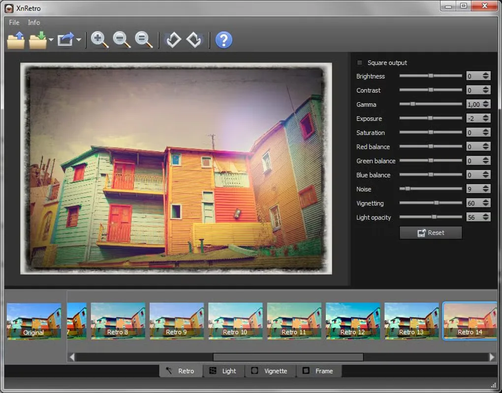 XnRetro desktop editor showing a vintage-styled photo, adjustment sliders and a row of retro effect previews