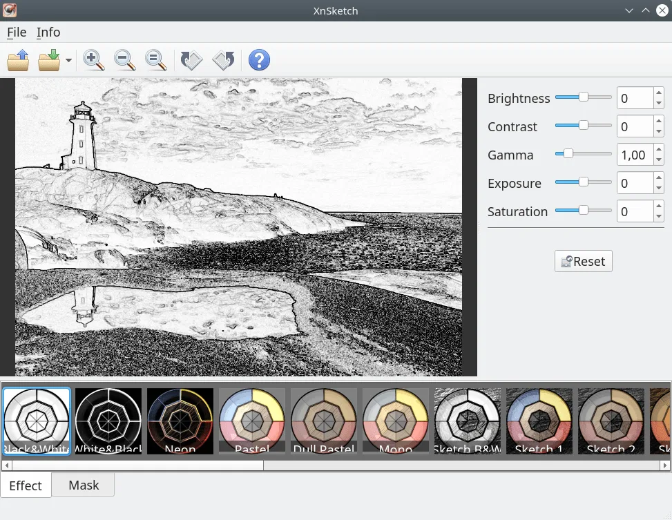 Historical XnSketch Linux desktop reference showing a lighthouse photo with a black-and-white effect, preset strip and adjustment sliders; Windows appearance differs.