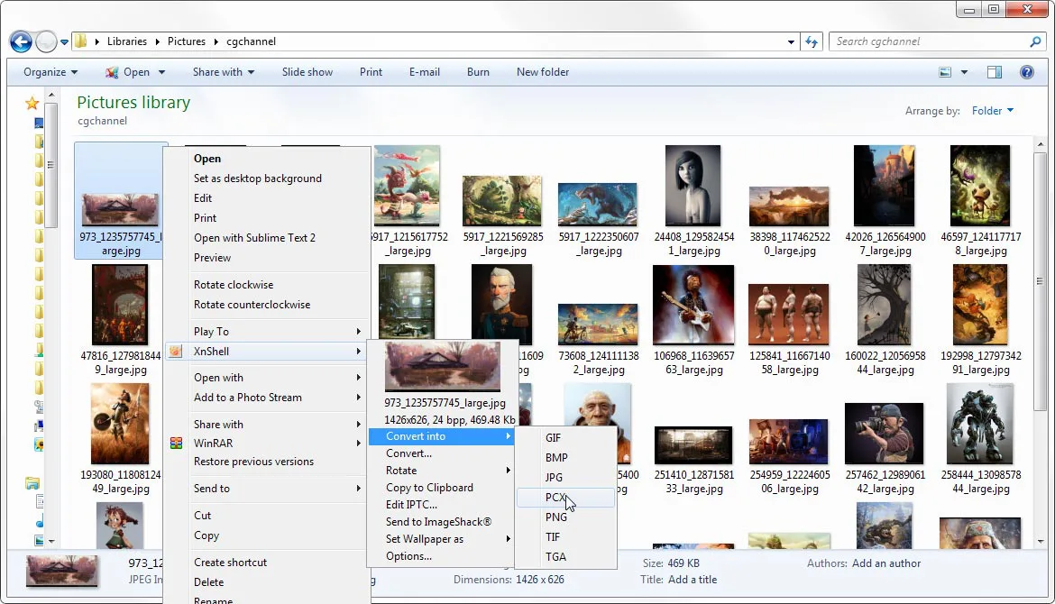 XnShell submenu in Windows Explorer showing an image preview and conversion format choices