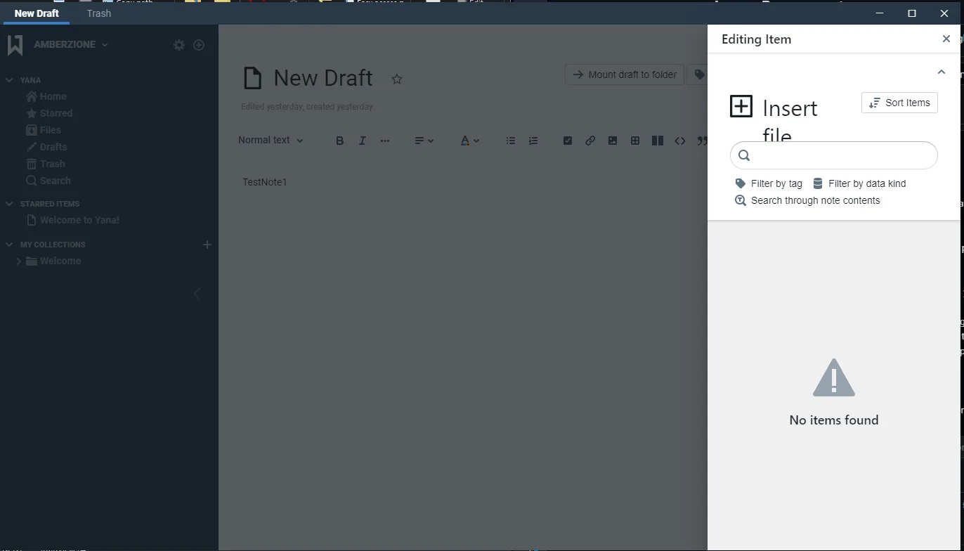 Yana on Windows: an older 1.0.13 rich-text note with the Insert file panel open and no matching items found.
