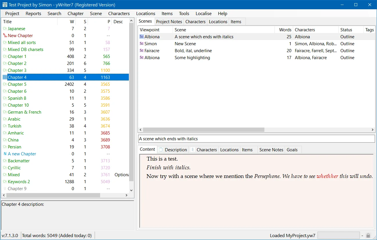 yWriter7 main window with chapter list, scene word counts and content preview; publisher screenshot of version 7.1.3.0