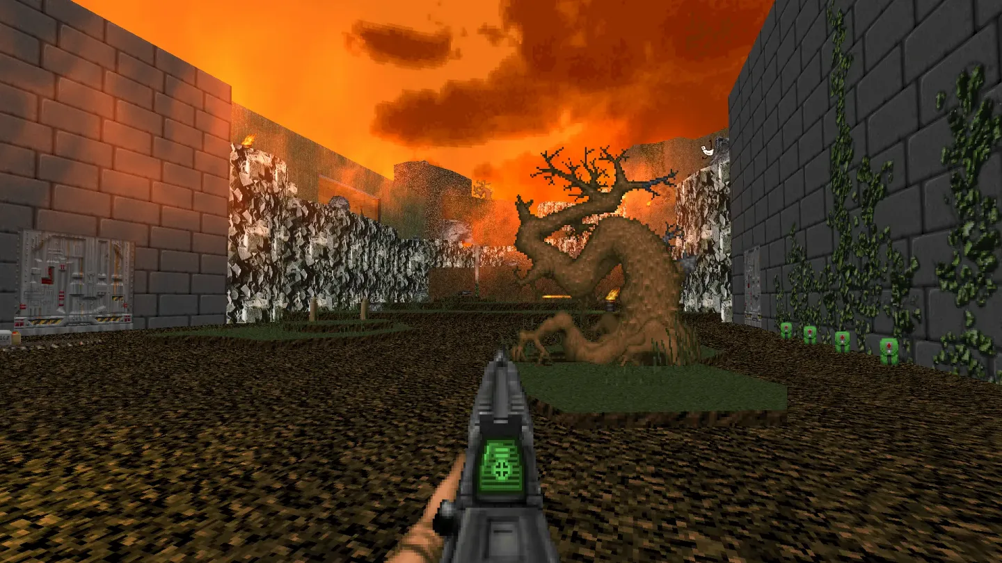 Torlation community mod shown by the Zandronum publisher: first-person weapon view in a stone arena under an orange sky.