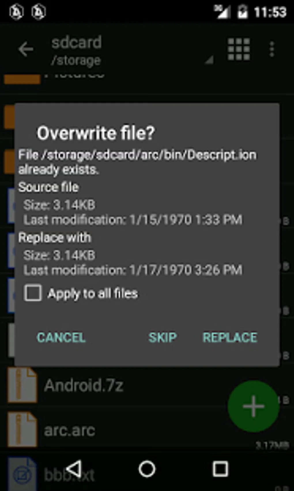 Older ZArchiver Android file browser with an Overwrite file confirmation and Cancel, Skip and Replace buttons