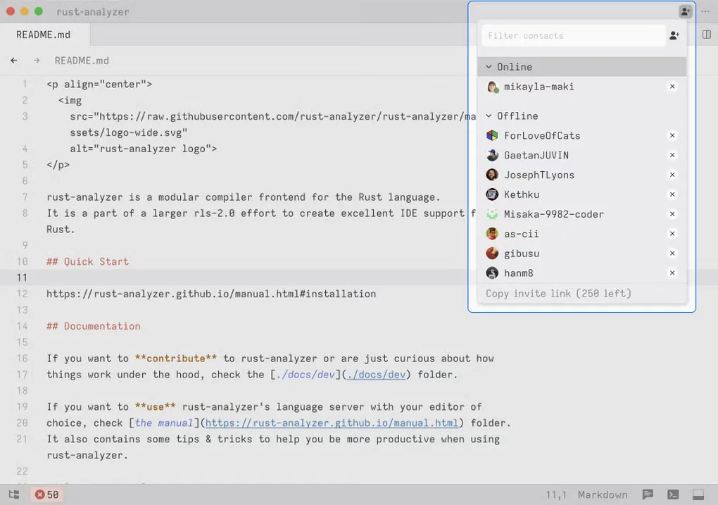 Older Zed macOS editor view showing a rust-analyzer README and an open collaboration contacts panel